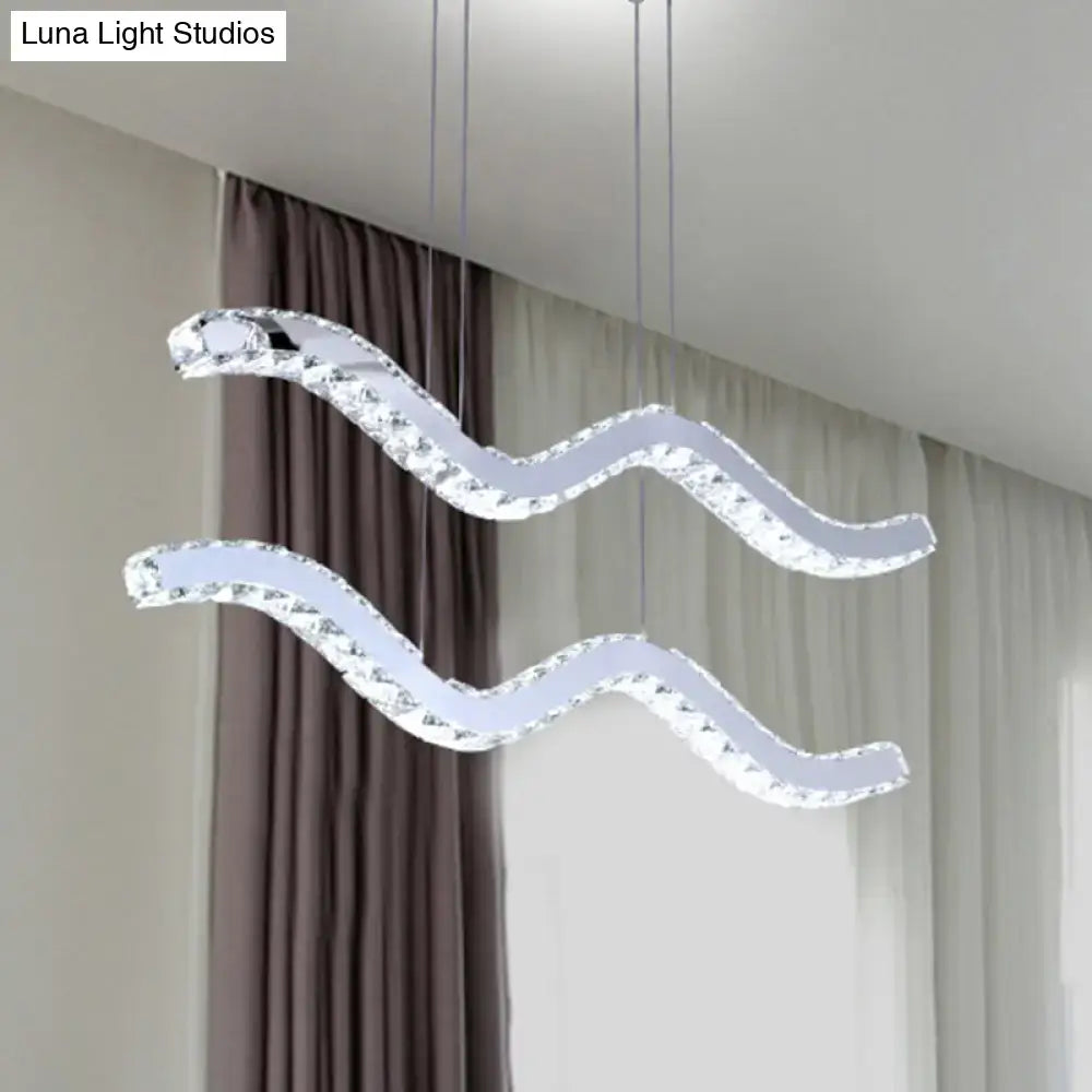 DecorBites stainless steel hanging light fixture with intertwined serpentine design and wavy crystal strip for office use