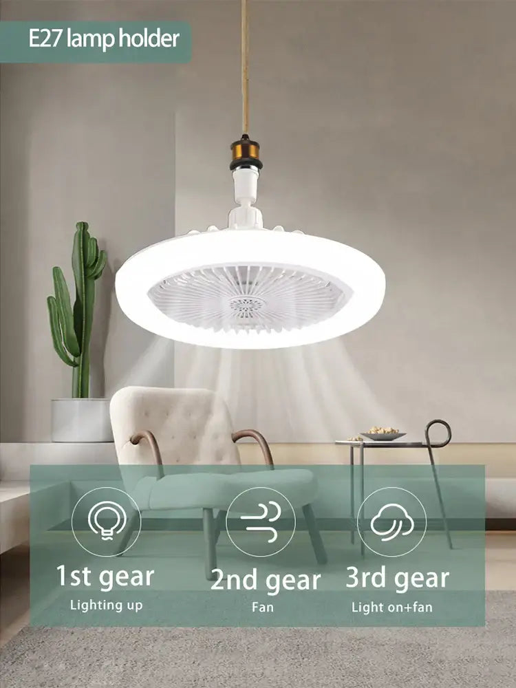 Modern white 2-in-1 ceiling fan with remote control featuring integrated led light and e27 lamp holder for easy replacement