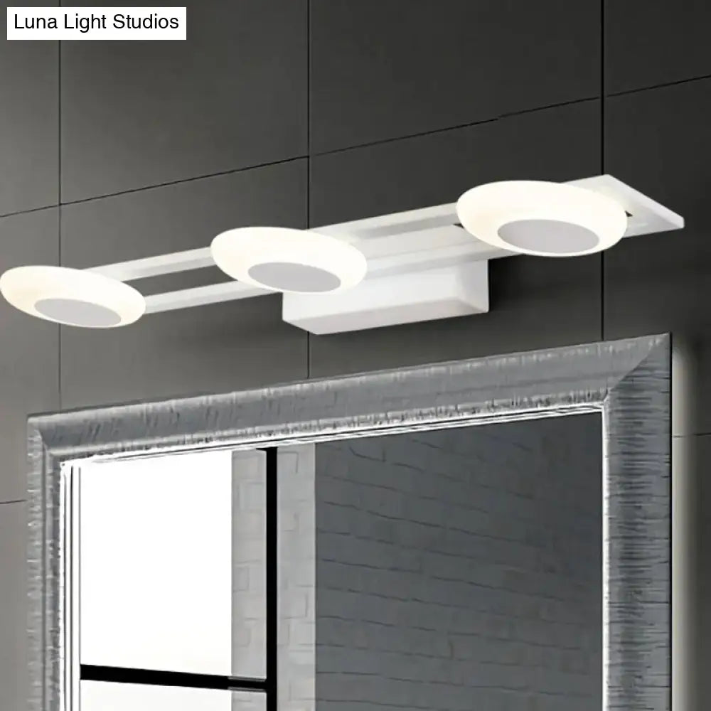 Modern white 3 light led vanity sconce wall mounted bathroom fixture with three circular bulbs and adjustable color temperature
