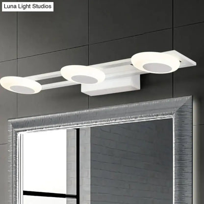 Modern white 3 light led vanity sconce wall mounted bathroom fixture with three circular bulbs and adjustable color temperature