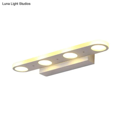 Modern white 3-light led vanity wall light with three circular bulbs providing warm white light for bathroom use