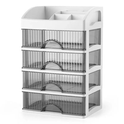 Modern white tier makeup drawer organizer with four translucent gray plastic drawers and arched handles for cosmetic storage