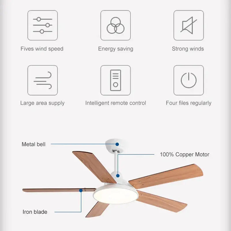 Modern white five blade wooden ceiling fan with copper motor and ceiling fan light for bedroom use with remote control