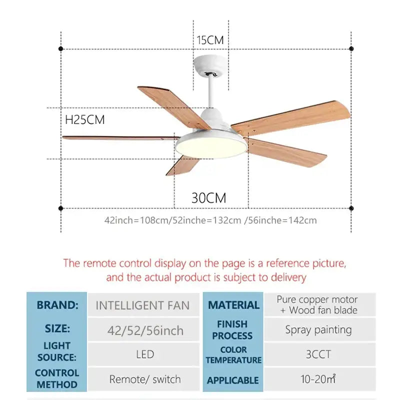 Modern white ceiling fan with five wooden blades and led ceiling fan light ideal for bedroom use with remote control