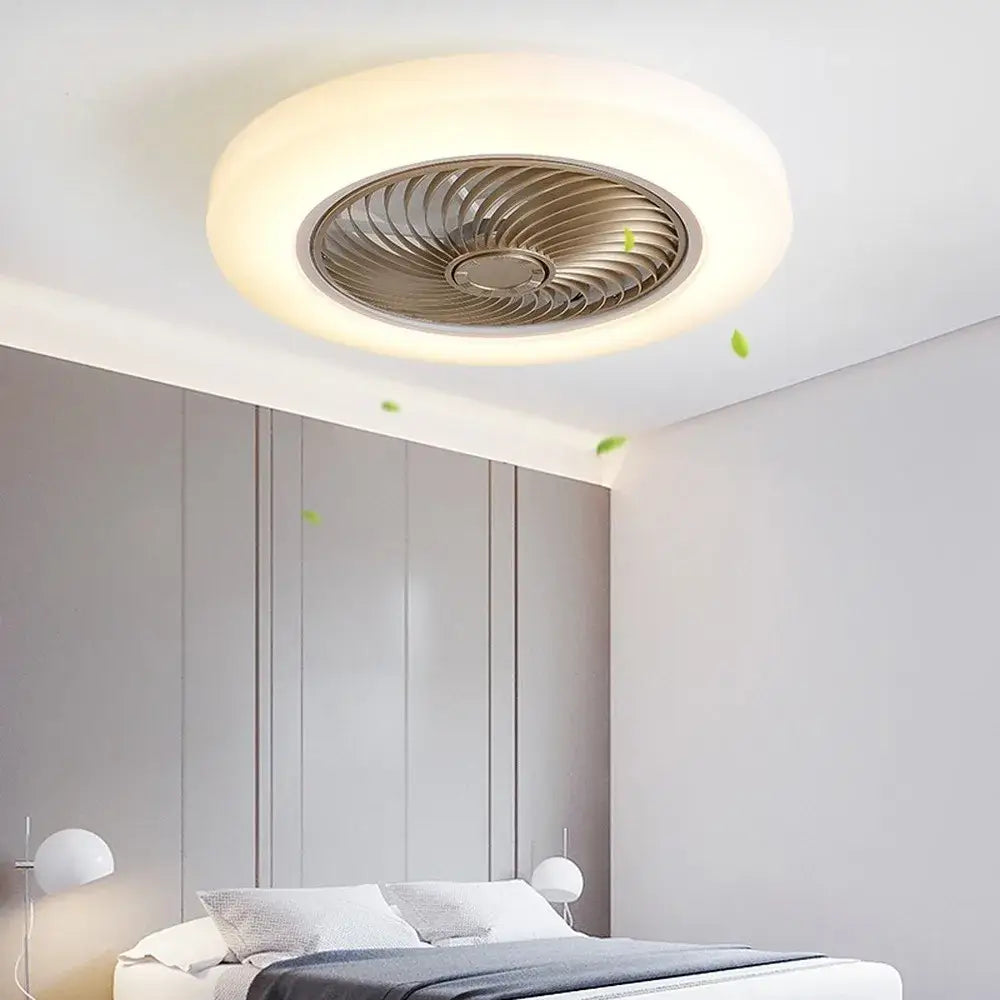 Modern white 52cm smart ceiling fan with remote control featuring circular metallic design and integrated led lighting