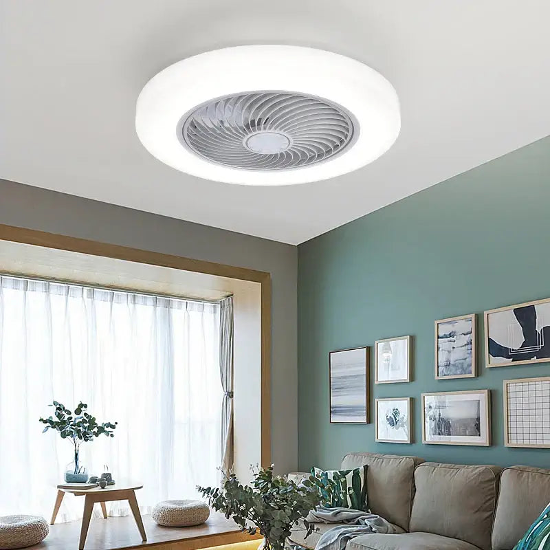 Modern white 52cm smart ceiling fan with remote control featuring a circular ceiling-mounted light and silver-toned blades