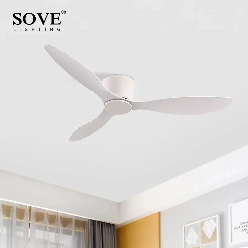 Modern white ceiling fan with sleek blades featuring 6-speed dc motor and remote control for bedroom use
