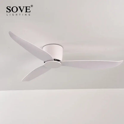 Modern white ceiling fan with 6-speed dc motor, remote control, and sleek blades for bedroom use