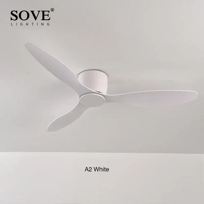 Modern white ceiling fan with sleek blades featuring a 6-speed dc motor and remote control for bedroom use