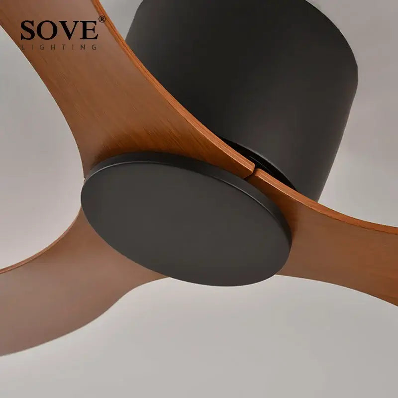 Modern white ceiling fan with sove lighting, sleek black matte finish, natural wood blades, 6-speed dc motor, remote control