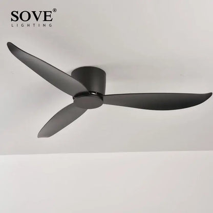 Black matte ceiling fan with sleek modern blades featuring a 6-speed dc motor and remote control for bedroom use