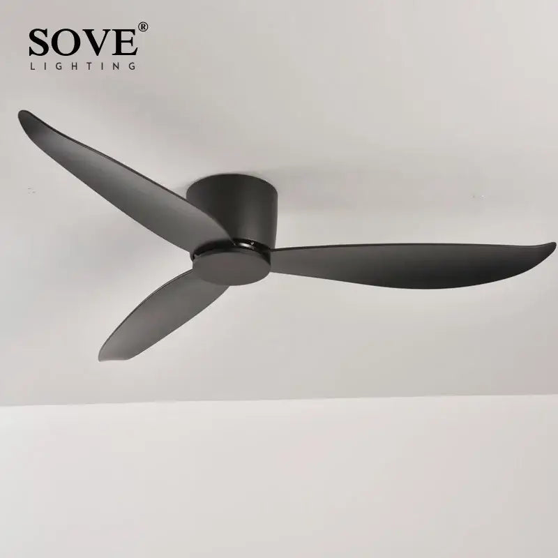 Black matte ceiling fan with sleek modern blades featuring a 6-speed dc motor and remote control for bedroom use