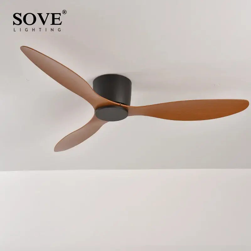 Modern white ceiling fan with sove matte brown wooden blades black motor housing 6-speed dc motor remote control