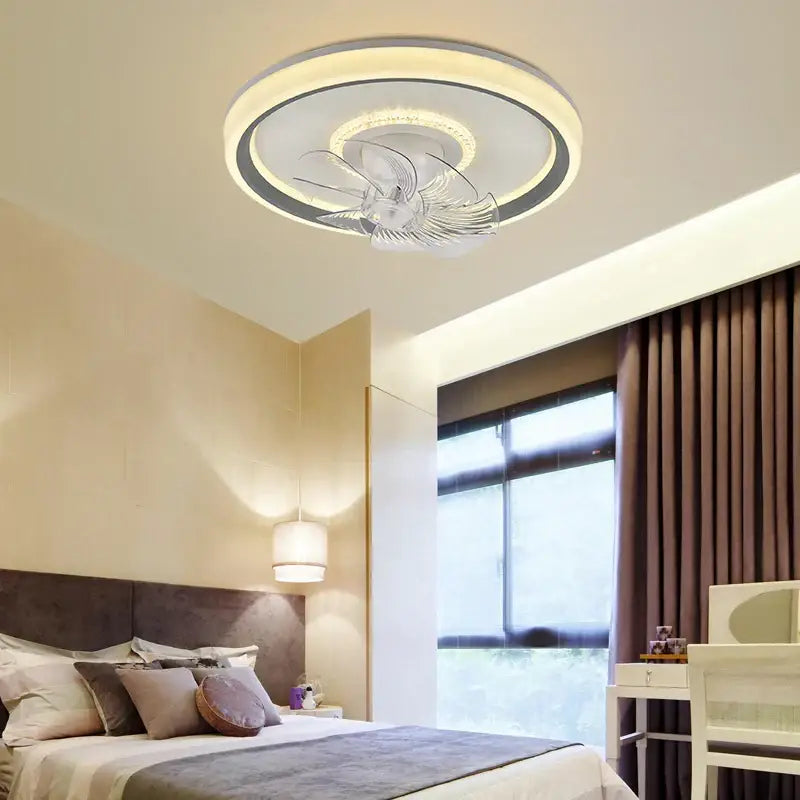 Modern white ceiling fan light with integrated led and sleek silver design for living room use