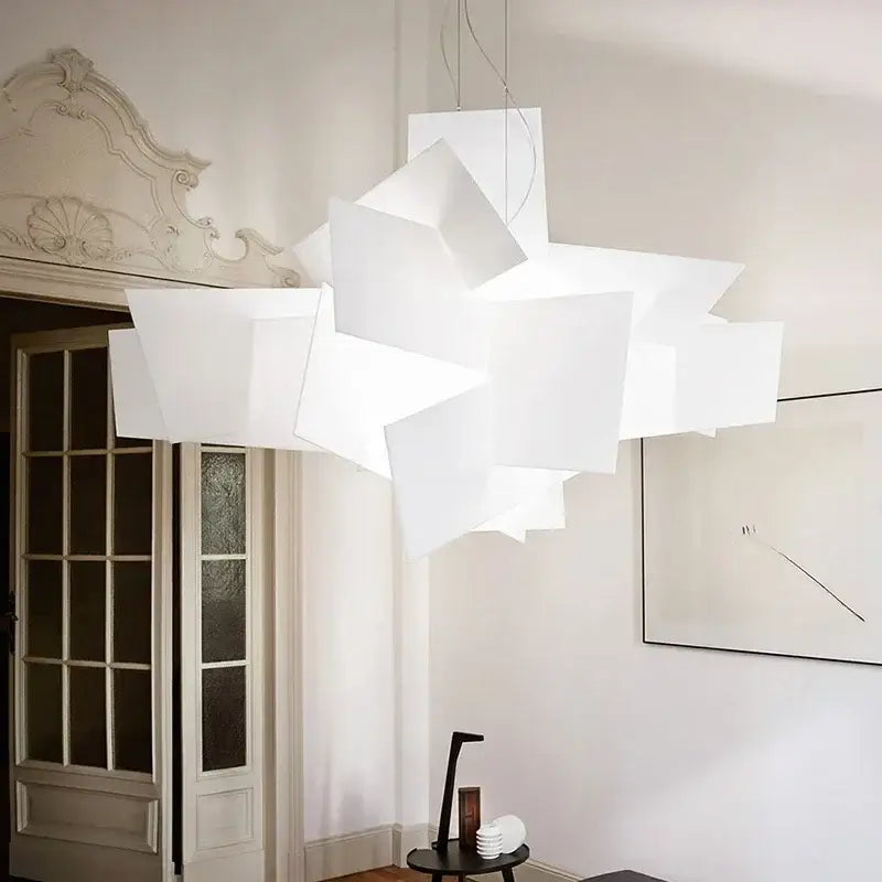 Modern white abstract led pendant lamp with geometric sculptural layered design for living room decorbites big bang led