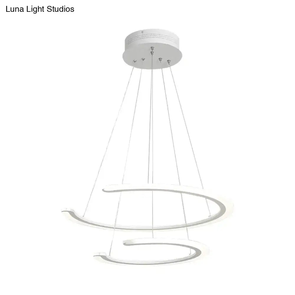 Modern white acrylic led ring dining room chandelier with two concentric curved rings by DecorBites for dining room use