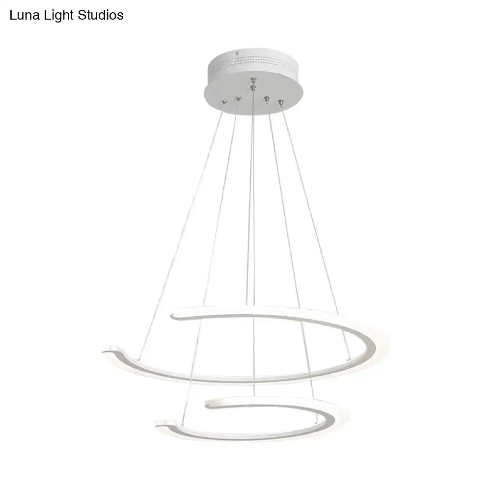 Modern white acrylic led DecorBites™ C ring dining room chandelier with two curved rings for elegant ring dining lighting