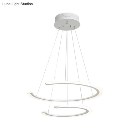 Modern white acrylic led DecorBites™ C ring dining room chandelier with two curved rings for elegant ring dining lighting