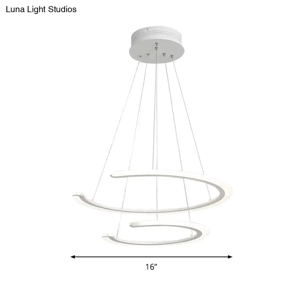 Modern white acrylic led ring dining room chandelier with two concentric spiral rings by decorbites suspended from ceiling mount