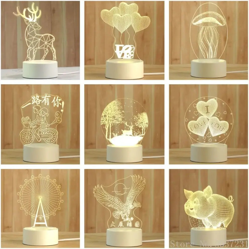 Collection of white illuminated decorbites 3d acrylic night lamps including deer balloons love jellyfish and eagle designs