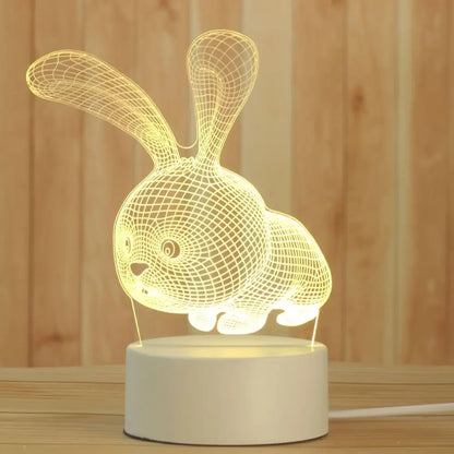 A glowing wireframe rabbit-shaped decorbites 3d acrylic night lamp with a white base for bedroom led decor