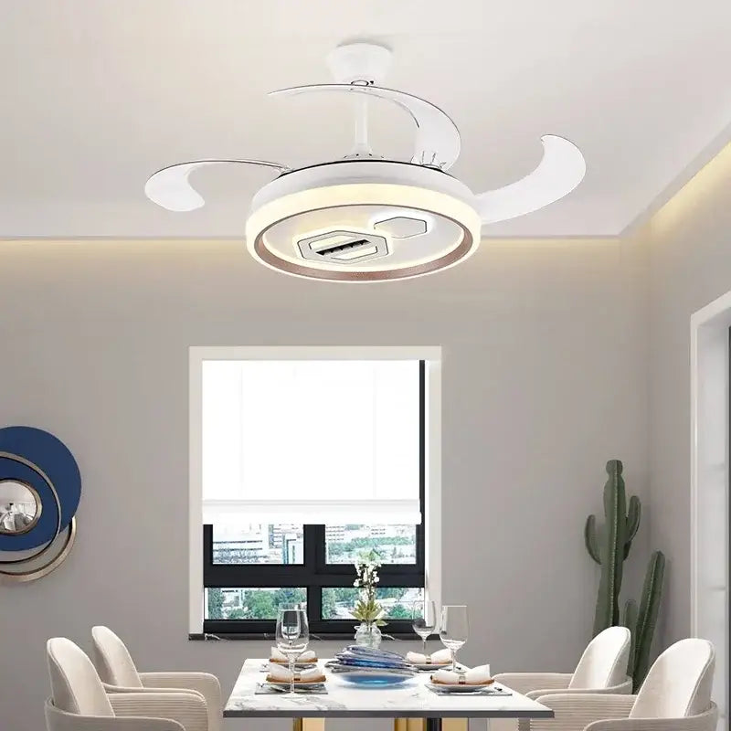 Modern white ceiling fan with decorbites adjustable blade and integrated led light for living room decor