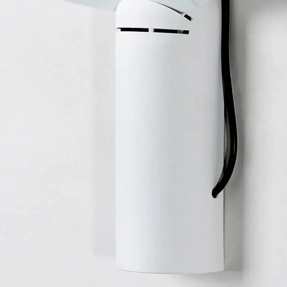 White cylindrical wall-mounted fire extinguisher with black handle and nozzle combined with modern white adjustable wall sconce