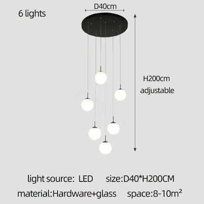 Modern black circular ceiling fixture with six adjustable cream glass ball led lights for staircase decorbites cream glass