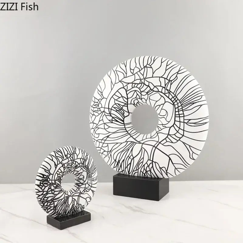 Modern white and black floral decorbites circle ornament on black stands designed as abstract pattern living room decorbites circle ornament