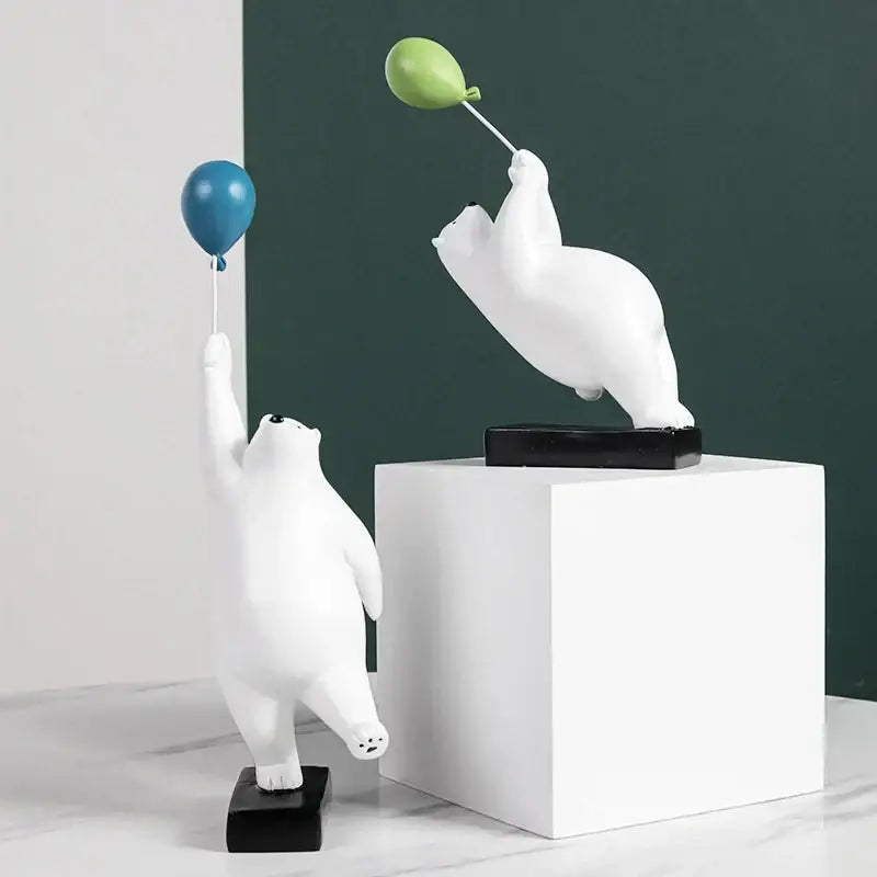 Modern white and blue flying bear balloon figurines made of smooth resin with glossy finish perfect for decorbites flying bear decor