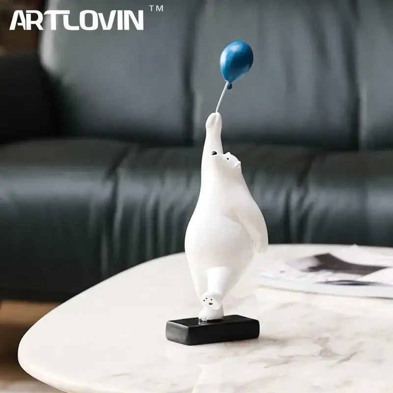 Modern white and blue flying bear balloon figurine decorbites bear balloon decor on black rectangular base