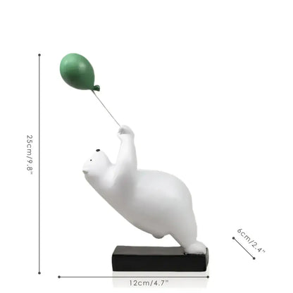 Modern white and blue flying bear balloon figurine decorbites holding a green balloon on black base for living room decorbites flying bear balloon