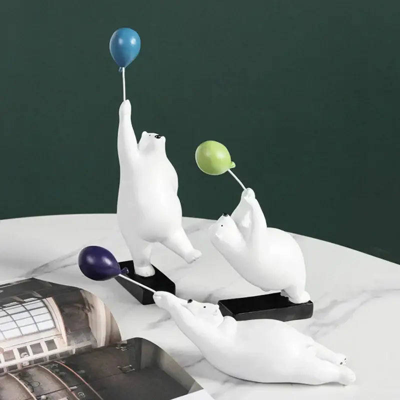 Modern white and blue flying bear balloon figurine with bear balloon on black bases for living room decorbites flying bear decor