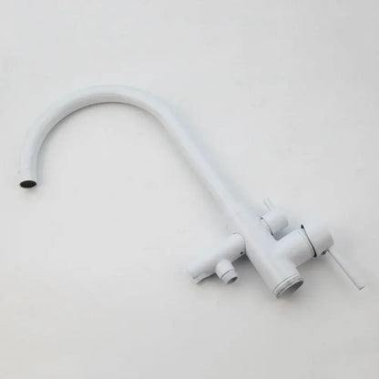 Modern white and chrome bathtub faucet set featuring a floor mount with a white faucet with curved spout and dual handles