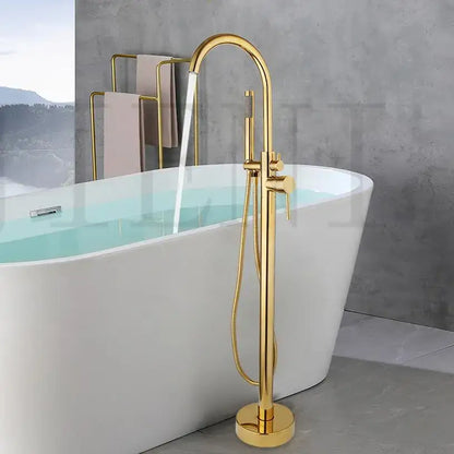 Modern white and chrome freestanding bathtub faucet set with gold finish tall curved spout and detachable handheld showerhead