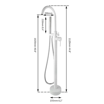 Modern white and chrome freestanding bathtub faucet set with matte finish curved spout and integrated handheld showerhead