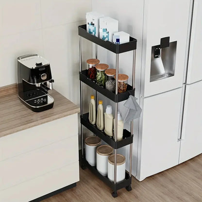 Modern black three-tier rolling kitchen storage rack with stainless steel frame and casters for bathroom storage rack use