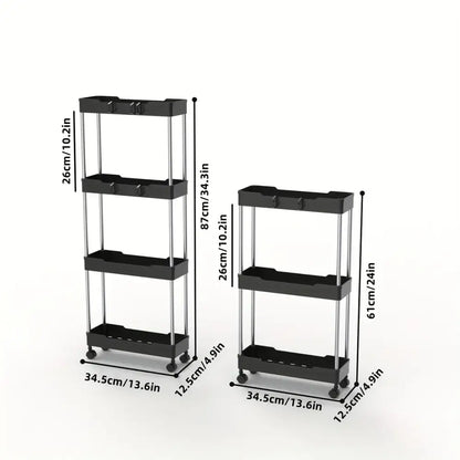 Modern white and chrome rolling utility cart with black plastic and metal multi-tiered storage rack for bathroom storage