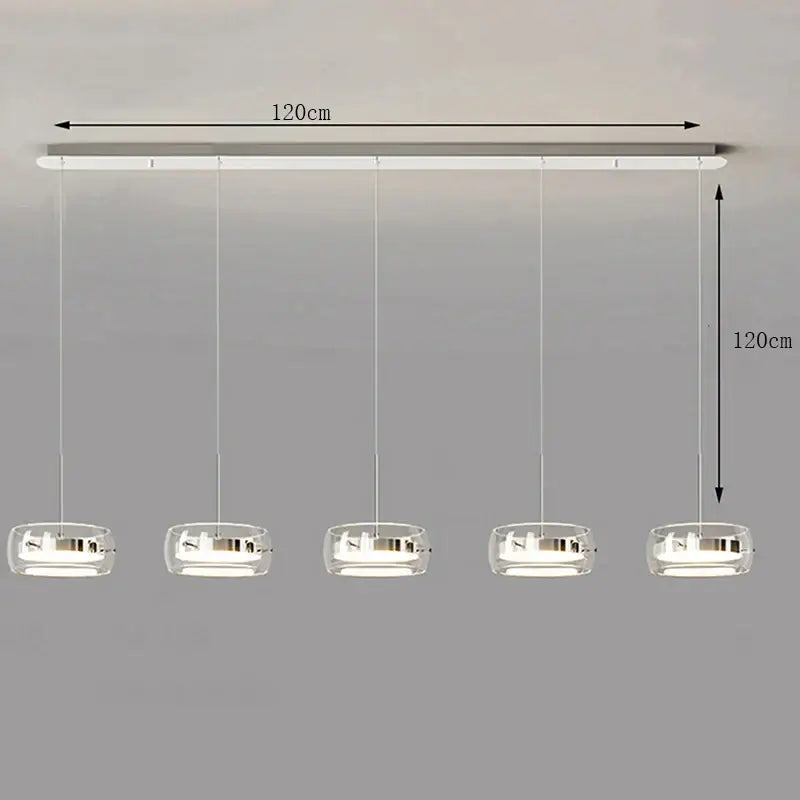 Modern white and clear glass ring pendant light with five glass globes and remote dimming for dining room illumination