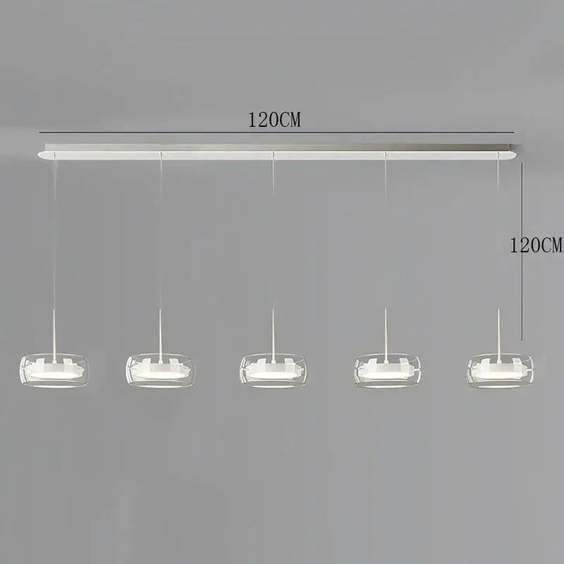 Modern white pendant light with five clear glass globes and remote dimming for dining room lighting