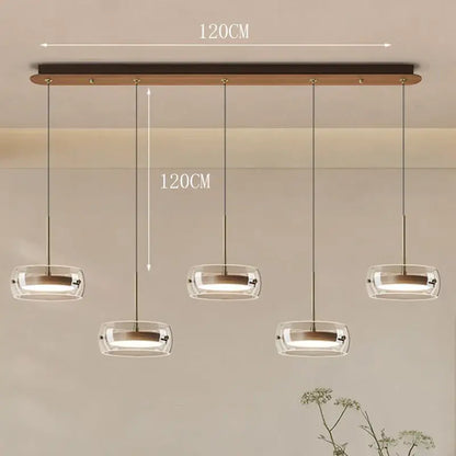 Modern white pendant light with clear glass shades and wooden bar featuring remote dimming for dining room use