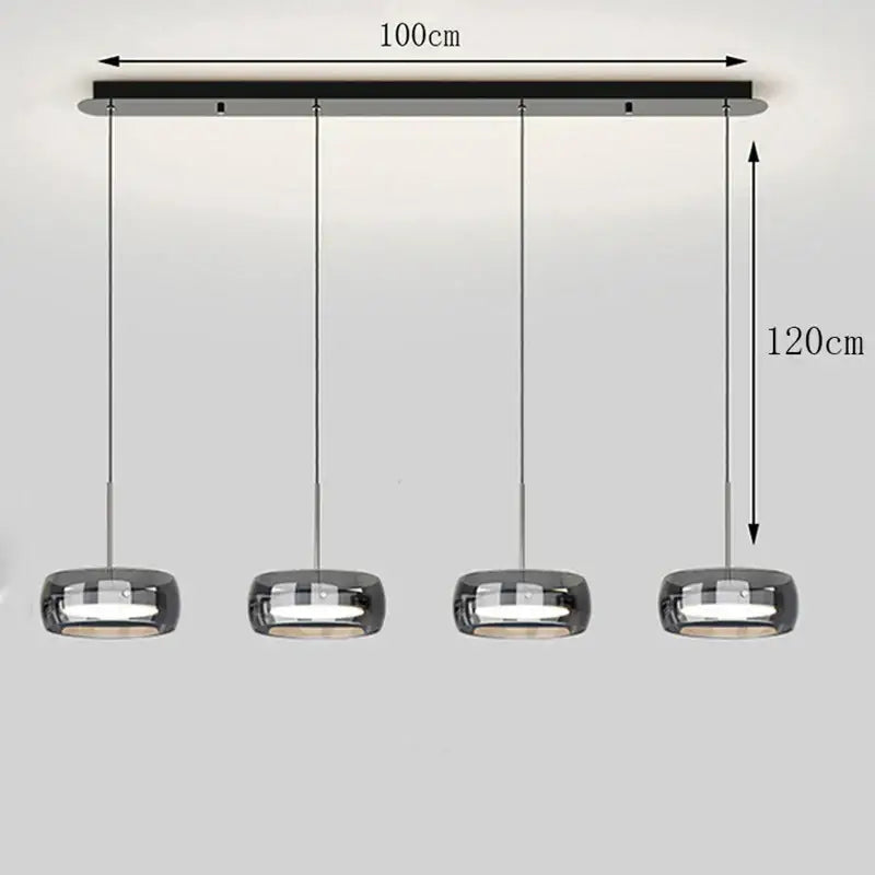 Modern white and clear glass ring pendant light with four chrome spherical shades and remote dimming for dining room use