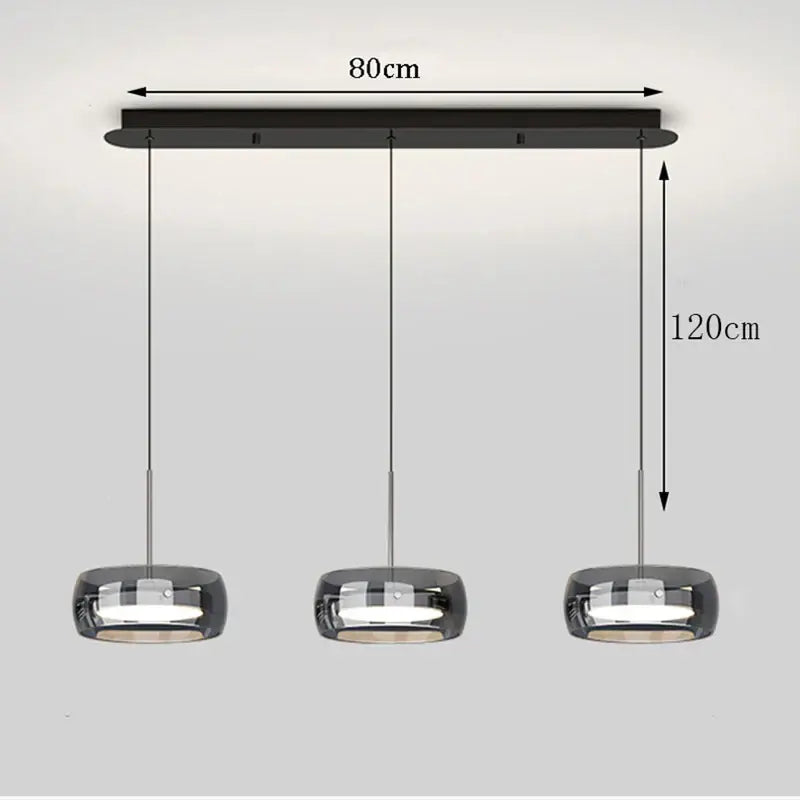 Modern black and chrome pendant light with three globe lights 80cm wide, remote dimming for dining room use
