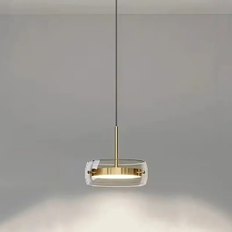 Modern white and clear glass ring pendant light with gold accents and remote dimming for dining room illumination