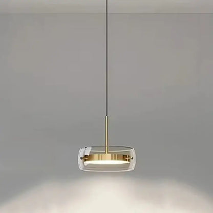 Modern white and clear glass ring pendant light with gold accents and remote dimming for dining room illumination