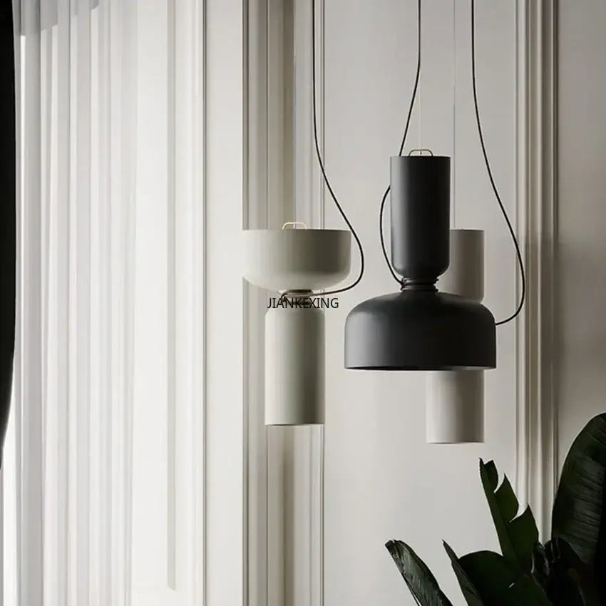 Modern white and copper ceramic pendant light with matte black and off-white shades by decorbites designer iron chandelier
