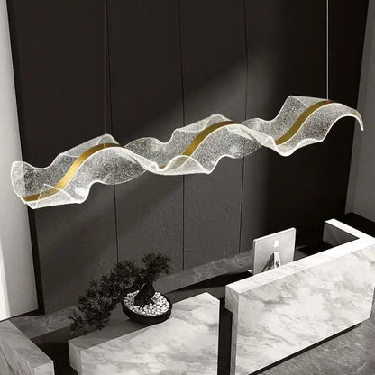 Modern white and gold acrylic ribbon led pendant with translucent glittering mesh and gold accents for dining room decorbites acrylic ribbon