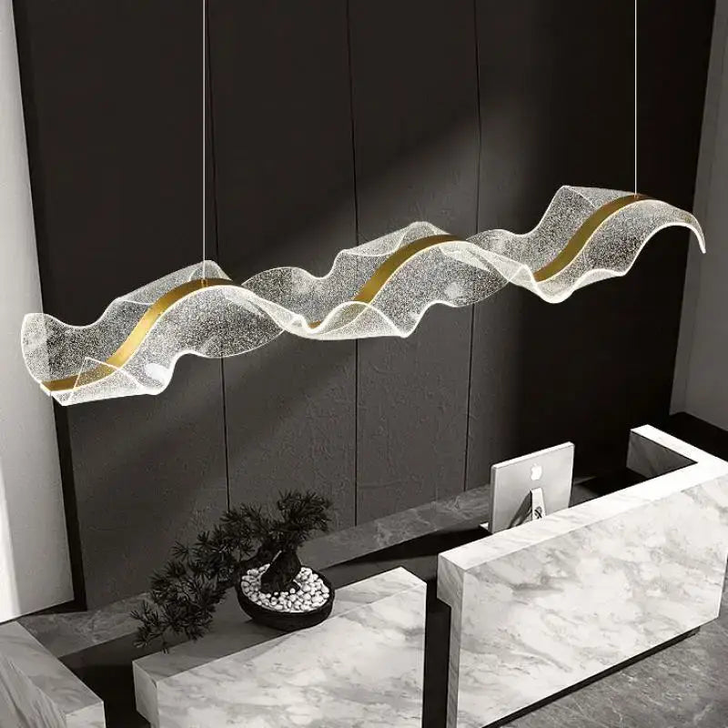 Modern white and gold acrylic ribbon led pendant with translucent glittering mesh and gold accents for dining room decorbites acrylic ribbon