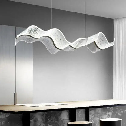 Modern white and gold acrylic ribbon led pendant with a translucent textured wave design for dining room decorbites acrylic ribbon
