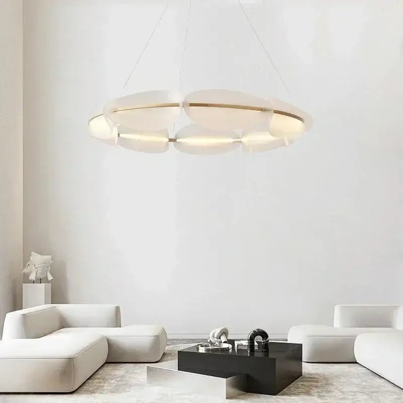 Modern white and gold circular led pendant light with sleek design and subtle accents for living room decorbites pendant light